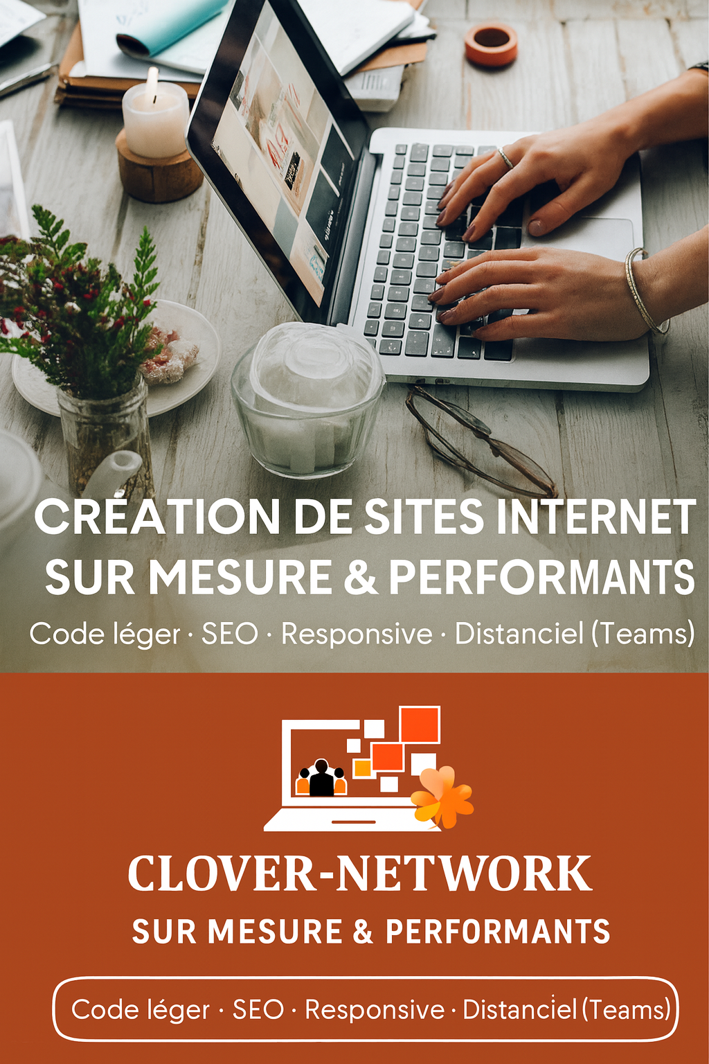 Création de sites internet faits à la main, sans “usine à gaz”. Clover Network développe des sites légers, propres et durables : HTML/CSS/JS ou WordPress/Divi, pensés pour la performance, le SEO, l’accessibilité et la simplicité d’édition. Accompagnement complet en distanciel via Microsoft Teams.